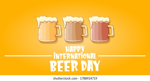 international beer day horizontal banner or poster with beer glass isolated on orange beer background . Happy beer day vintage hand drawn greeting card or flyer