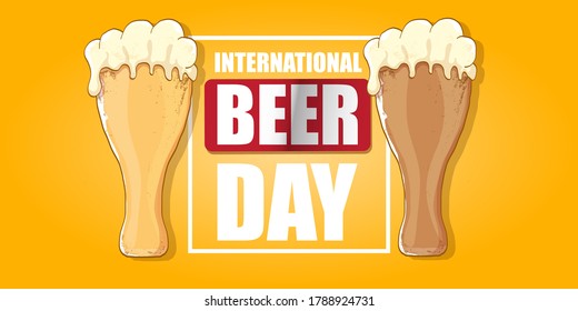 international beer day horizontal banner or poster with beer glass isolated on orange beer background . Happy beer day vintage hand drawn greeting card or flyer