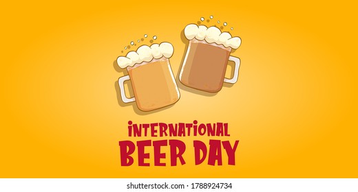international beer day horizontal banner or poster with beer glass isolated on orange beer background . Happy beer day vintage hand drawn greeting card or flyer