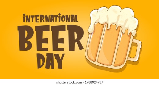 international beer day horizontal banner or poster with beer glass isolated on orange beer background . Happy beer day vintage hand drawn greeting card or flyer