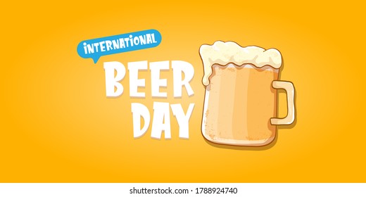 international beer day horizontal banner or poster with beer glass isolated on orange beer background . Happy beer day vintage hand drawn greeting card or flyer