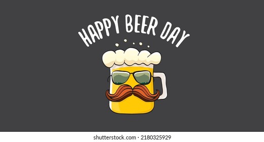 International beer day horizontal banner or summer poster with vector funky beer character isolated on grey background. Vector Cartoon funny International beer day label and poster