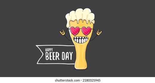 International beer day horizontal banner or summer poster with vector funky beer character isolated on grey background. Vector Cartoon funny International beer day label and poster