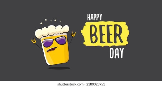 International beer day horizontal banner or summer poster with vector funky beer character isolated on grey background. Vector Cartoon funny International beer day label and poster