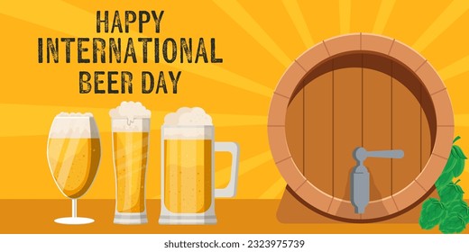 international beer day horizontal banner with three glasses of beer and a beer barrel