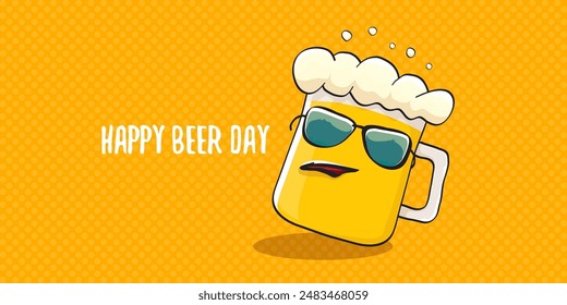 International beer day horizontal banner or summer poster with vector funky beer character isolated on yellow beer background. Vector Cartoon funny International beer day label and poster