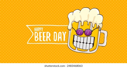 International beer day horizontal banner or summer poster with vector funky beer character isolated on yellow beer background. Vector Cartoon funny International beer day label and poster