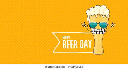 International beer day horizontal banner or summer poster with vector funky beer character isolated on yellow beer background. Vector Cartoon funny International beer day label and poster