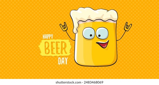 International beer day horizontal banner or summer poster with vector funky beer character isolated on yellow beer background. Vector Cartoon funny International beer day label and poster