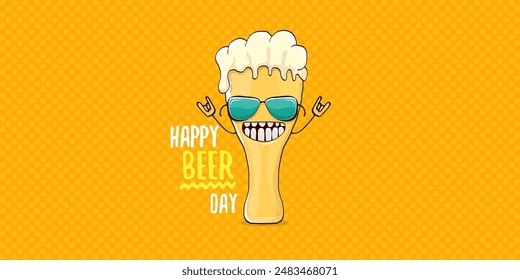 International beer day horizontal banner or summer poster with vector funky beer character isolated on yellow beer background. Vector Cartoon funny International beer day label and poster