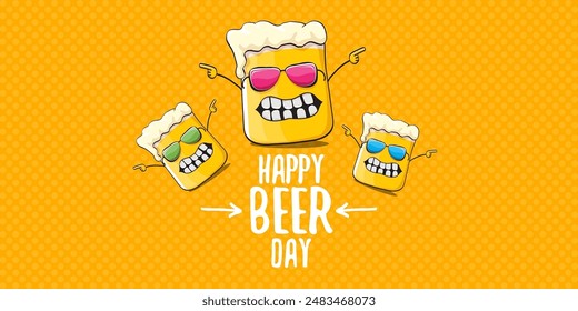 International beer day horizontal banner or summer poster with vector funky beer character isolated on yellow beer background. Vector Cartoon funny International beer day label and poster