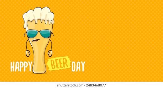 International beer day horizontal banner or summer poster with vector funky beer character isolated on yellow beer background. Vector Cartoon funny International beer day label and poster