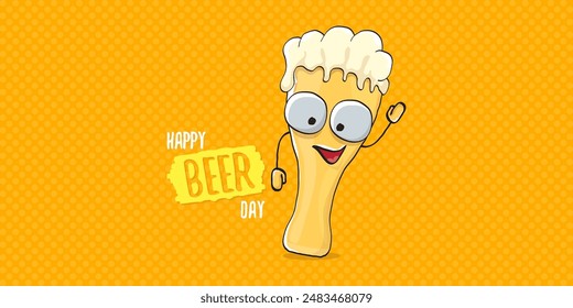 International beer day horizontal banner or summer poster with vector funky beer character isolated on yellow beer background. Vector Cartoon funny International beer day label and poster