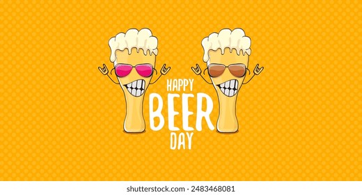 International beer day horizontal banner or summer poster with vector funky beer character isolated on yellow beer background. Vector Cartoon funny International beer day label and poster