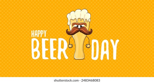 International beer day horizontal banner or summer poster with vector funky beer character isolated on yellow beer background. Vector Cartoon funny International beer day label and poster