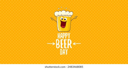 International beer day horizontal banner or summer poster with vector funky beer character isolated on yellow beer background. Vector Cartoon funny International beer day label and poster