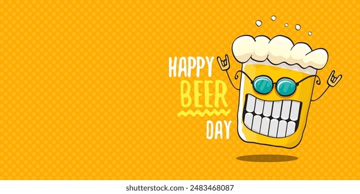 International beer day horizontal banner or summer poster with vector funky beer character isolated on yellow beer background. Vector Cartoon funny International beer day label and poster