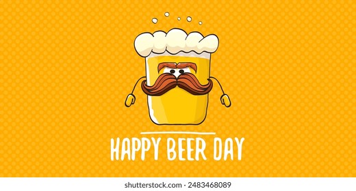 International beer day horizontal banner or summer poster with vector funky beer character isolated on yellow beer background. Vector Cartoon funny International beer day label and poster