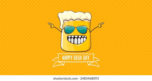 International beer day horizontal banner or summer poster with vector funky beer character isolated on yellow beer background. Vector Cartoon funny International beer day label and poster