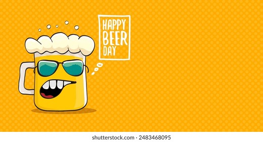 International beer day horizontal banner or summer poster with vector funky beer character isolated on yellow beer background. Vector Cartoon funny International beer day label and poster