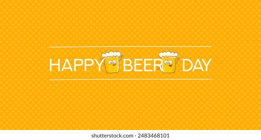 International beer day horizontal banner or summer poster with vector funky beer character isolated on yellow beer background. Vector Cartoon funny International beer day label and poster