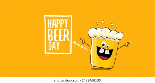 International beer day horizontal banner or summer poster with vector funky beer character isolated on yellow beer background. Vector Cartoon funny International beer day label and poster