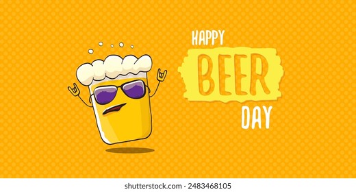 International beer day horizontal banner or summer poster with vector funky beer character isolated on yellow beer background. Vector Cartoon funny International beer day label and poster