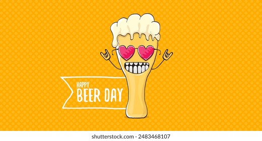 International beer day horizontal banner or summer poster with vector funky beer character isolated on yellow beer background. Vector Cartoon funny International beer day label and poster