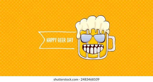 International beer day horizontal banner or summer poster with vector funky beer character isolated on yellow beer background. Vector Cartoon funny International beer day label and poster