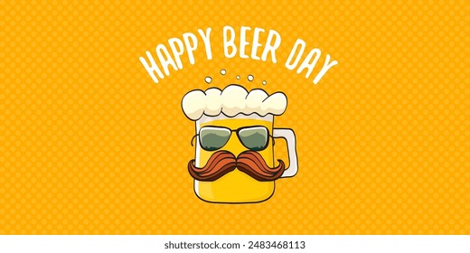 International beer day horizontal banner or summer poster with vector funky beer character isolated on yellow beer background. Vector Cartoon funny International beer day label and poster