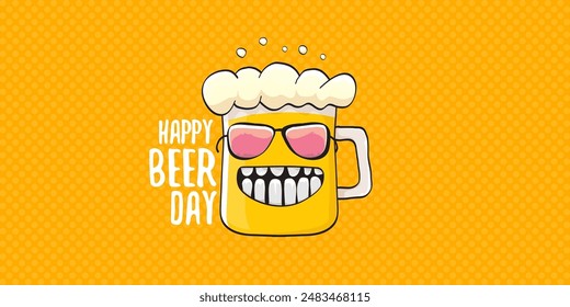 International beer day horizontal banner or summer poster with vector funky beer character isolated on yellow beer background. Vector Cartoon funny International beer day label and poster