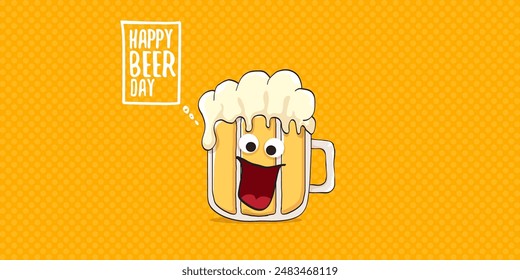 International beer day horizontal banner or summer poster with vector funky beer character isolated on yellow beer background. Vector Cartoon funny International beer day label and poster