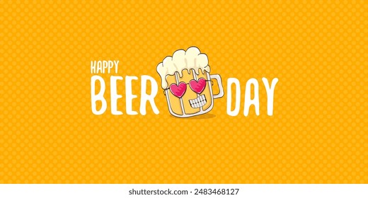 International beer day horizontal banner or summer poster with vector funky beer character isolated on yellow beer background. Vector Cartoon funny International beer day label and poster