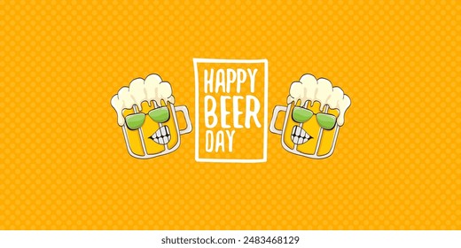 International beer day horizontal banner or summer poster with vector funky beer character isolated on yellow beer background. Vector Cartoon funny International beer day label and poster