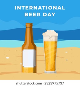 ilustración internacional del día de la cerveza con vaso de cerveza y botella de cerveza en la playa