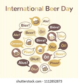 International Beer Day illustration, print idea. Simple, flat style design. Round shape made of speech bubbles with beer mug and word BEER in different languages: english, french, german, italian etc.