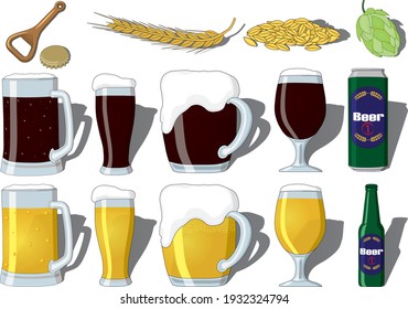 Juego de vectores del día internacional de la cerveza que contiene cerveza clara y oscura, taza, goblet, vidrio, botella, lata. Celebrando el primer viernes de agosto. Abierto con cerveza, gorro de cerveza, lúpulo, malta, cebada