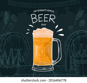 International Beer Day illustration vector design with hand drawn element isolated on black background can be use for party, celebration and festival