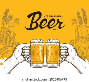 International Beer Day illustration vector design with hand drawn element isolated on orange background can be use for party, celebration and festival