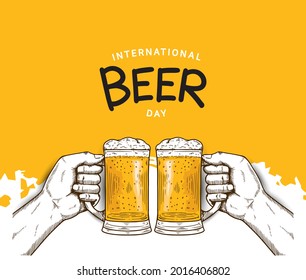 International Beer Day illustration vector design with hand holding mug of beer isolated on orange background can be use for party, celebration and festival
