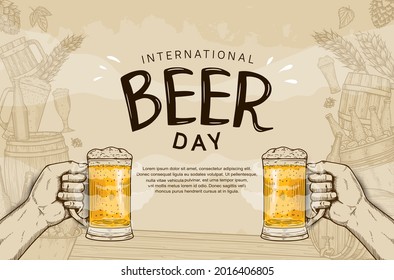 International Beer Day illustration vector design with hand drawn element isolated on soft brown background can be use for party, celebration and festival