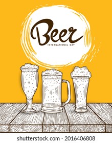 International Beer Day illustration vector design with glass and mug of beer isolated on orange background can be use for party, celebration and festival