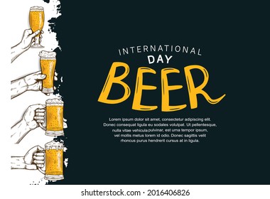 International Beer Day illustration vector design with hand holding glass and mug of beer isolated on black background can be use for party, celebration and festival