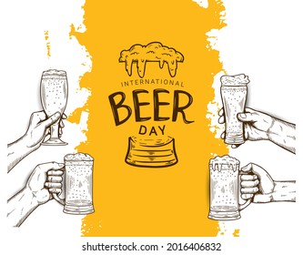 Ilustración del Día Internacional de la Cerveza diseño vectorial con vidrio de mano y jarra de cerveza aislada en fondo blanco puede ser usado para fiestas, celebraciones y festivales