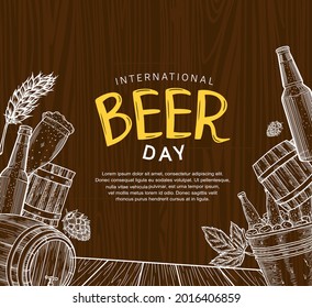 International Beer Day illustration vector design with hand drawn element isolated on wood background can be use for party, celebration and festival