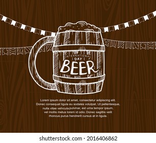 International Beer Day illustration vector design with mug of beer isolated on wood background can be use for party, celebration and festival