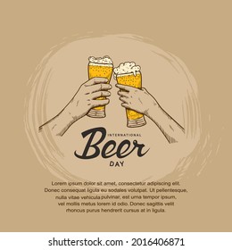 International Beer Day illustration vector design with hand holding glass of beer isolated on brown background can be use for party, celebration and festival