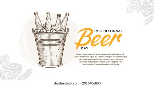 International Beer Day illustration vector design with hand drawn bottle in bucket isolated on white background can be use for party, celebration and festival