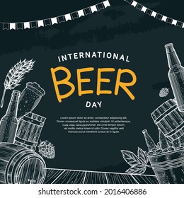 International Beer Day illustration vector design with hand drawn element isolated on black background can be use for party, celebration and festival