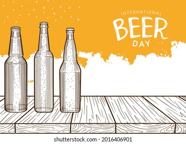 International Beer Day illustration vector design. bottle of beer isolated on white and orange background can be use for party, celebration and festival